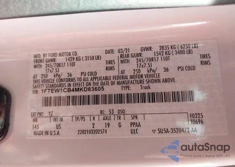 2021 Ford F-150 Xlt из США, поврежденный, VIN 1FTEW1CB4MKD83605